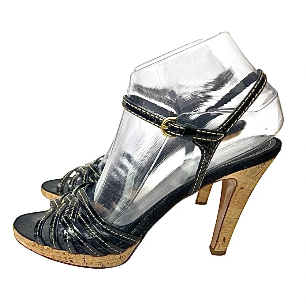Coach Women’s High Heels 8.5 B Black Strappy Cork bottom Made In Italy Used